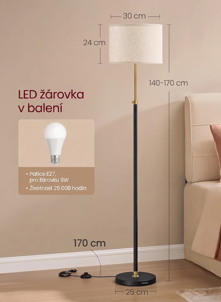 Výškově nastavitelná stojací lampa Vasagle Eupho zlatá/černá