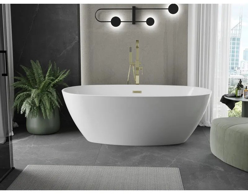 Mexen Eris, voľne stojaca vaňa 155 x 80 cm, biela, zlatý matný prepad, 53441558000-55