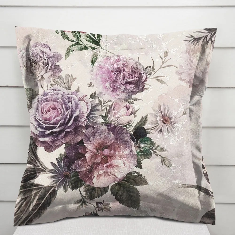 Biante Dekoračná obliečka na vankúš s lemom Parma PM-112 Fialové kvety na smotanovom 40 x 40 cm