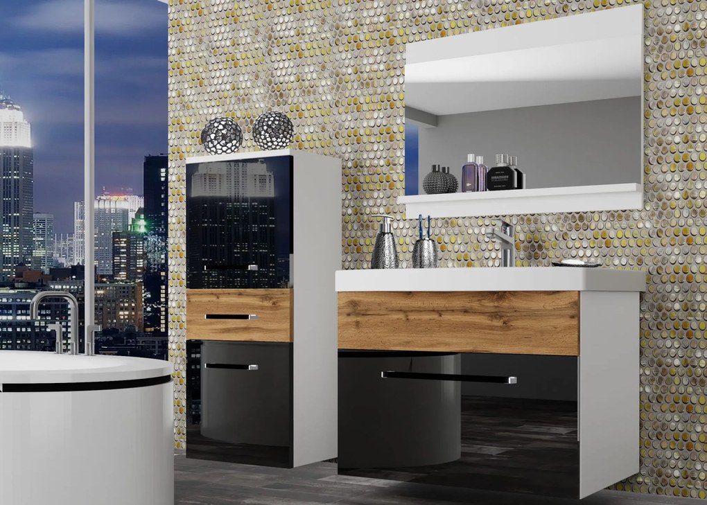 Kúpeľňový nábytok Belini čierny lesk / dub wotan + umývadlo + zrkadlo ROD PM 2/0/W/BDW/0/ZW