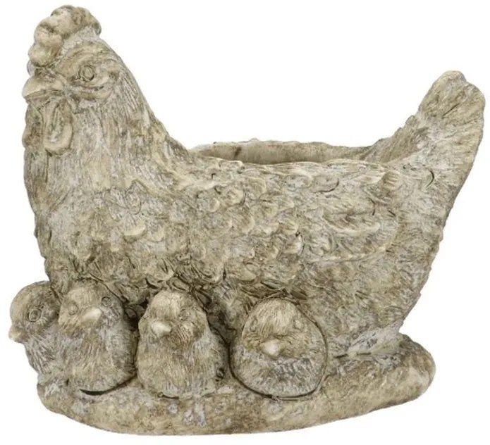 Šedý antik cementový kvetináč sliepky s kuriatkami - 21*16*19 cm