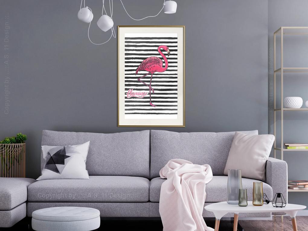 Artgeist Plagát - Black Stripes and Flamingo [Poster] Veľkosť: 30x45, Verzia: Čierny rám s passe-partout