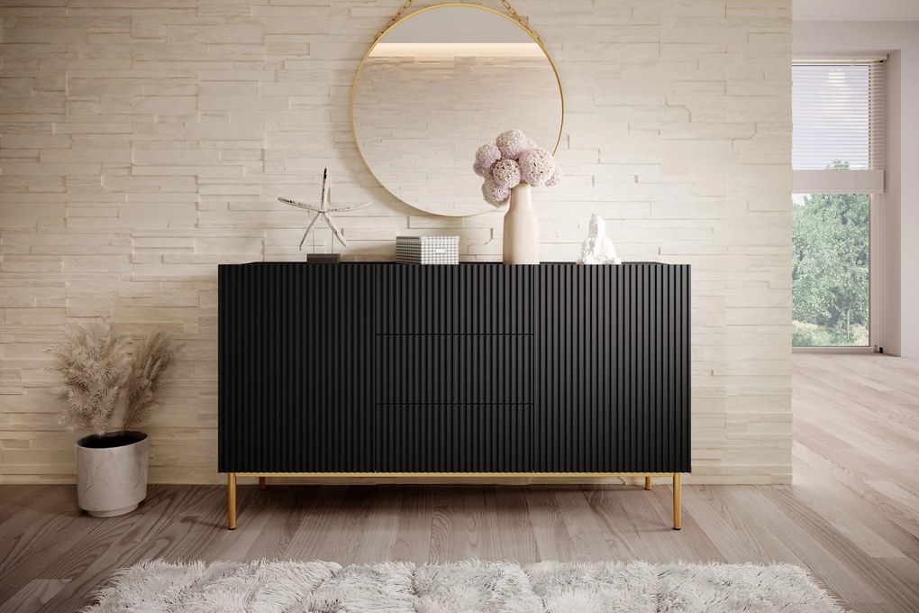 Komoda Nicole 150 cm s 3 zásuvkami - čierny mat / zlatá