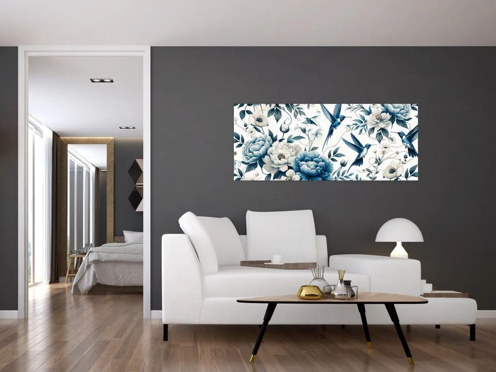 Obraz - Kolibríky s kvetmi (120x50 cm)