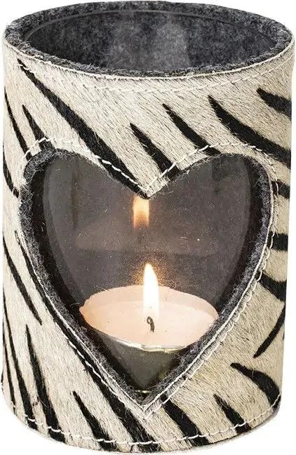 Svietnik so srdcom zdobený kožou so vzorom Zebra - 11,5*11,5*16cm