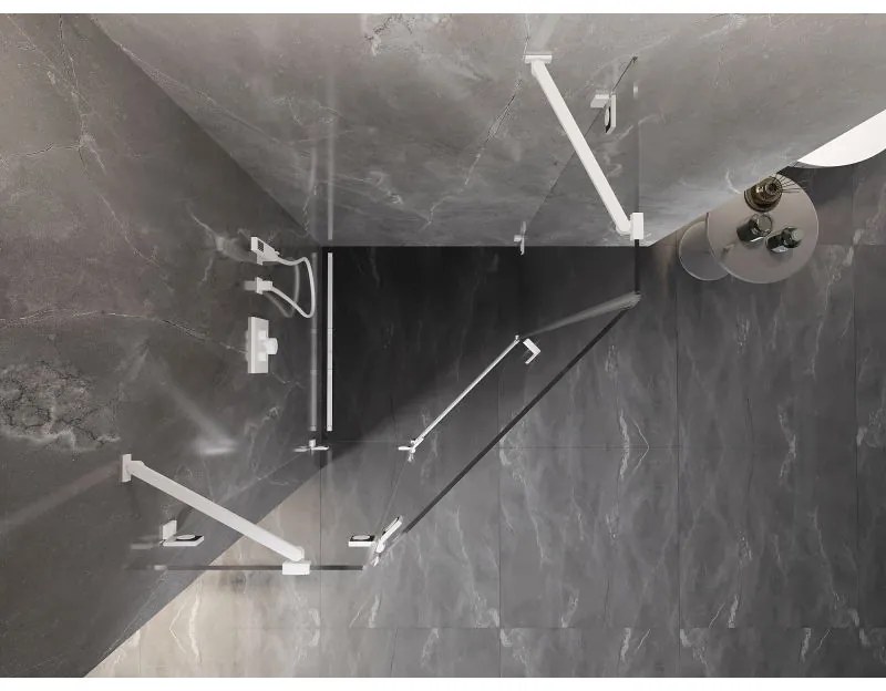 Mexen Lunar, päťuholníkový sprchový kút s ľavým sklonom 90 x 90 cm, 8mm číre sklo, biely profil, 831-090L-090P-20-00-L