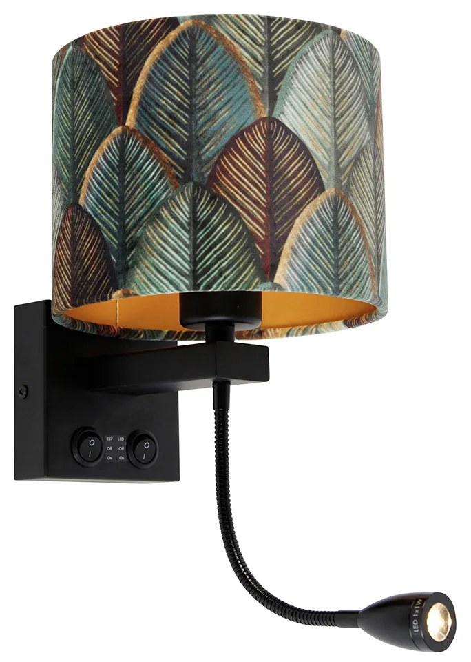 Nástenná lampa čierna s zamatovým tienidlom s dizajnom listu a zlatým vnútorným priestorom - Brescia Combi