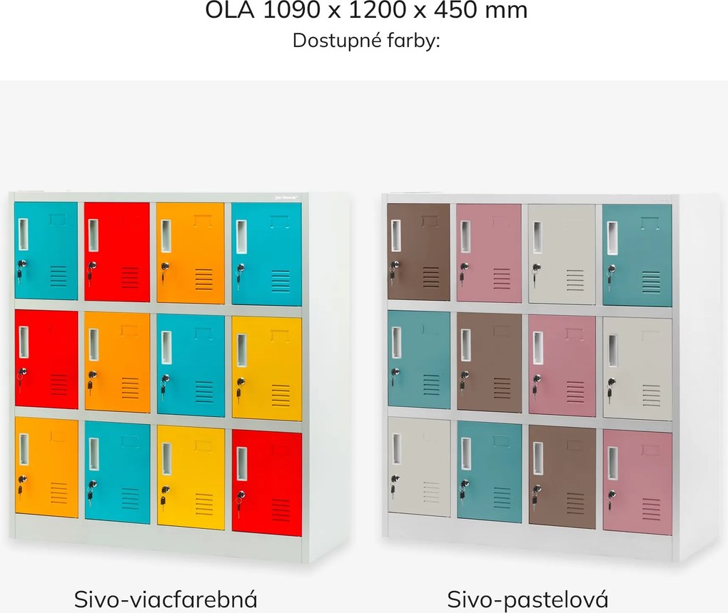 Kovová skrinka do školy a škôlky sivo-zeleno-žltá, 1090x1200x450 mm: OLA