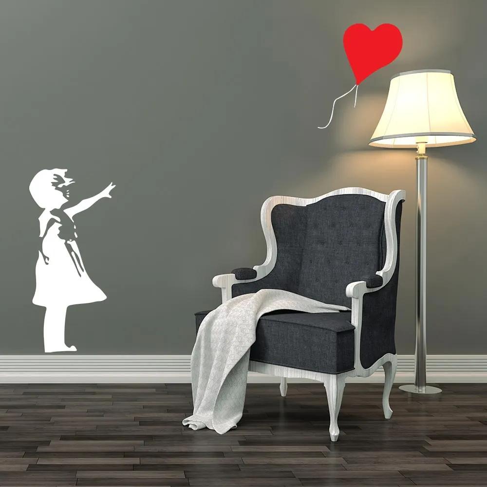 GLIX Banksy "Girl with Baloon" - nálepka na stenu Biela a červená 50 x 100 cm