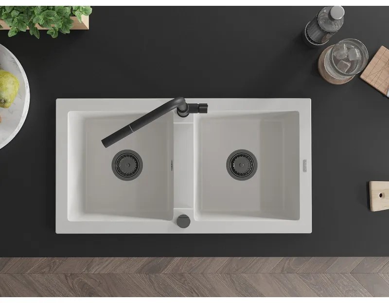 Mexen Mario, 2-komorový granitový drez 820x436x161 mm a drezová batéria Flora, biela, 6504-20-670401-70-B
