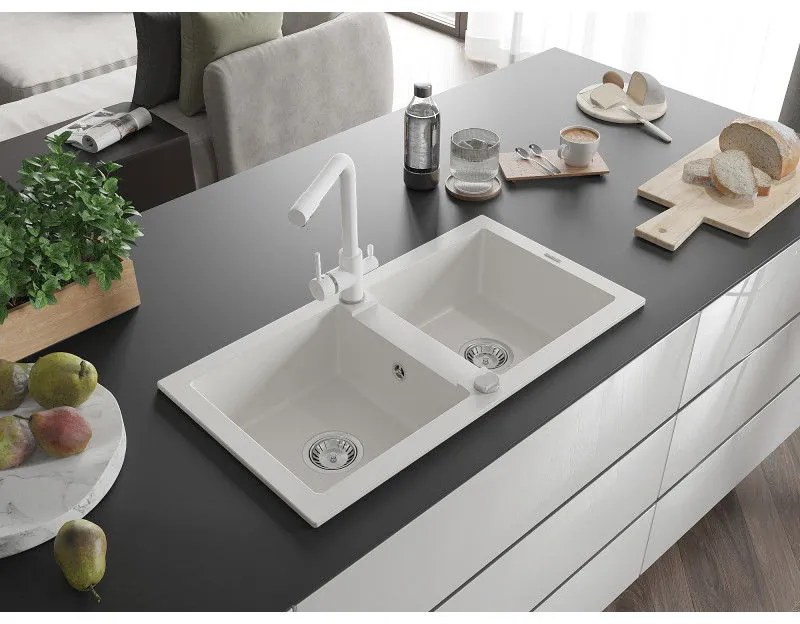 Mexen Mario, 2-komorový granitový drez 820x436x161 mm a biela drezová batéria Duero, biela, 6504-20-671600-20