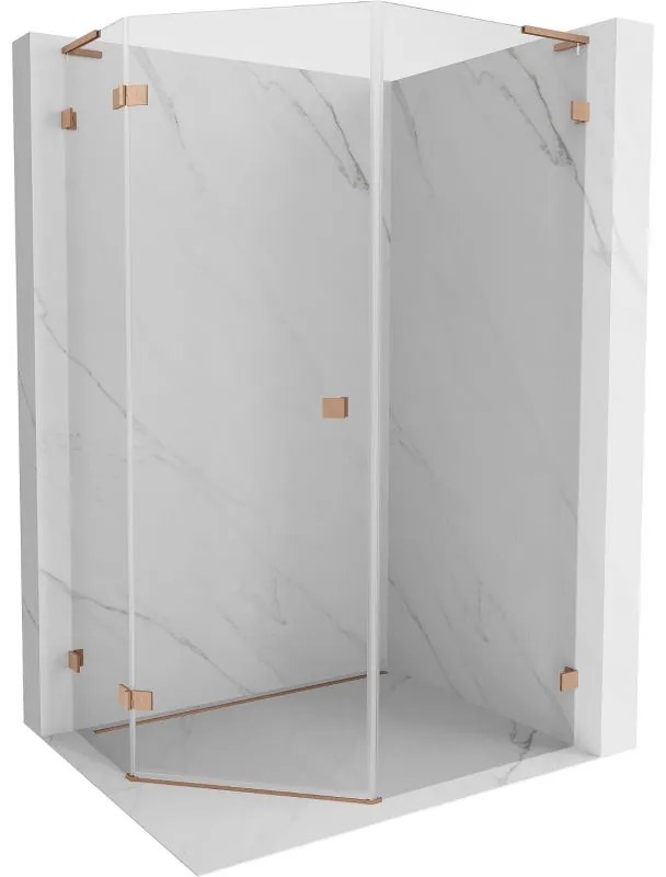 Mexen Lunar, L päťuholníkový sprchový kút naklápací doľava 80 x 100 cm, 8mm číre sklo, profil medená matná, 831L-080L-100P-65-00-L