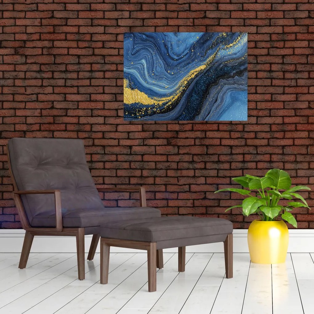 Sklenený obraz - Modro-zlatá abstrakcia (70x50 cm)