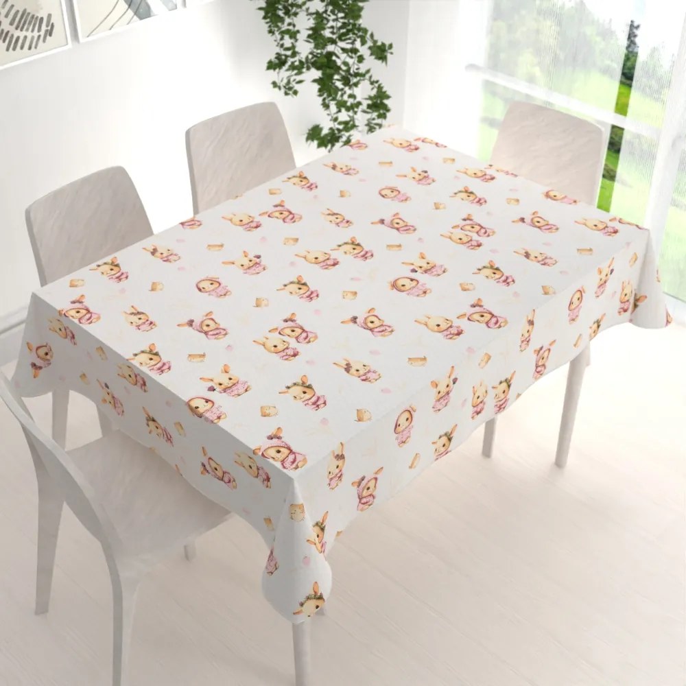 Biante Detský bavlnený obdĺžnikový obrus Sandra SA-538 Ružové zajačiky a vtáčiky na bielom 140x180 cm