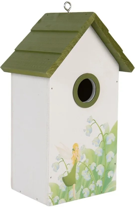Zeleno-biela drevená vtáčia búdka s konvalinkami Birdhouse - 15*10*22 cm