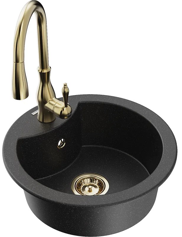 Mexen Diego, 1-komorový granitový drez 488x488x167 mm a drezová batéria Savita, čierna-strieborná metalíza, 6512-73-672601-50
