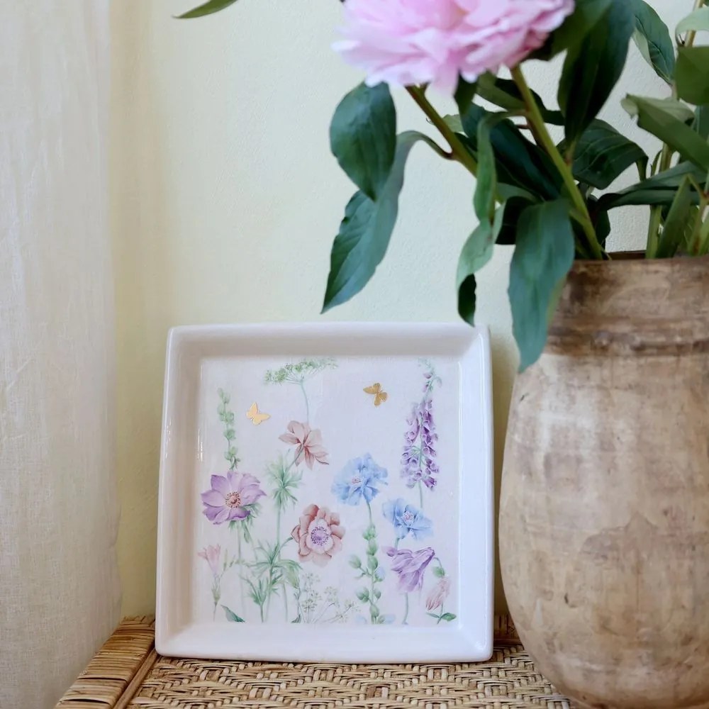 Krémový antik keramický podnos s kvetmi Papillon Blossom - 21*21*2 cm