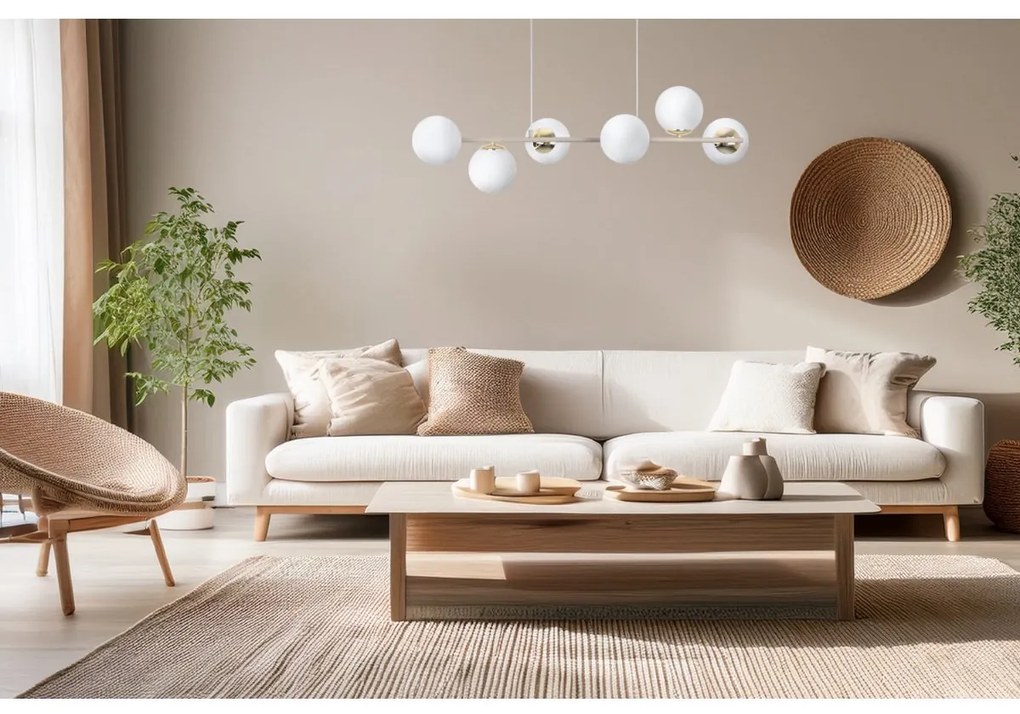 Závesné svietidlo Florence, 6x biele sklenené tienidlo, g/be