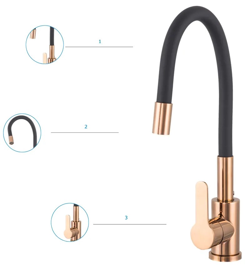 Gamma Flex 2000, stojanková drezová batéria s flexibilným ramenom, čierna-medená matná, GMA-BFX-2000RGD