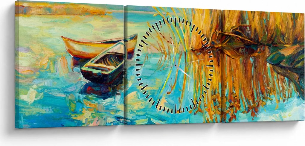 Obraz - Jazero s loďkami (s hodinami) (90x30 cm)