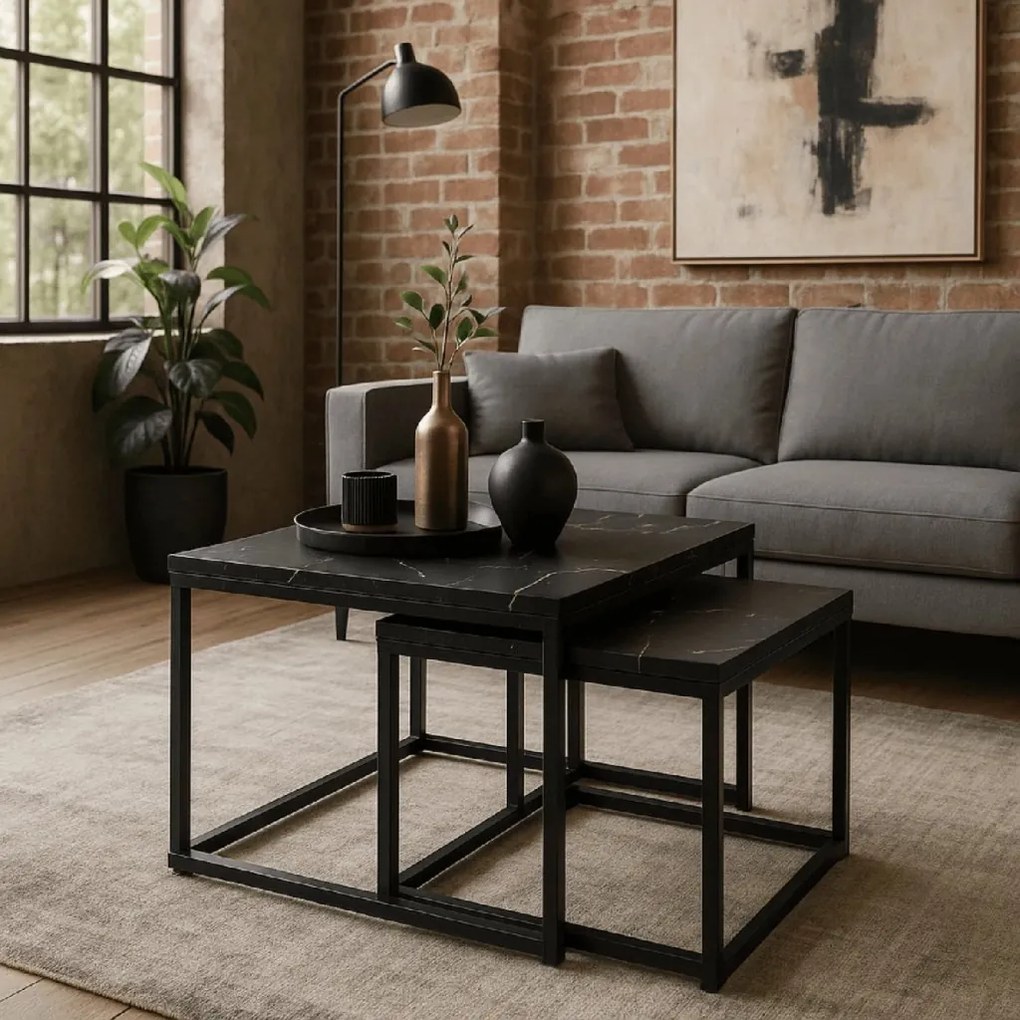 PROXIMA.store - Loftový set konferenčných stolíkov TEVET FARBA: biely mramor, FARBA NÔH: čierna