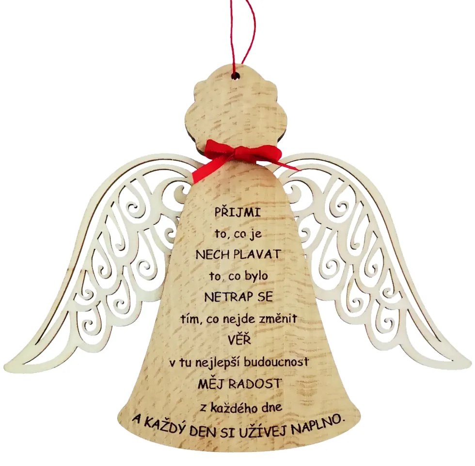 AMADEA Drevený anjel s krídlami a motivačným textom, masívne drevo, 18 x 15 cm