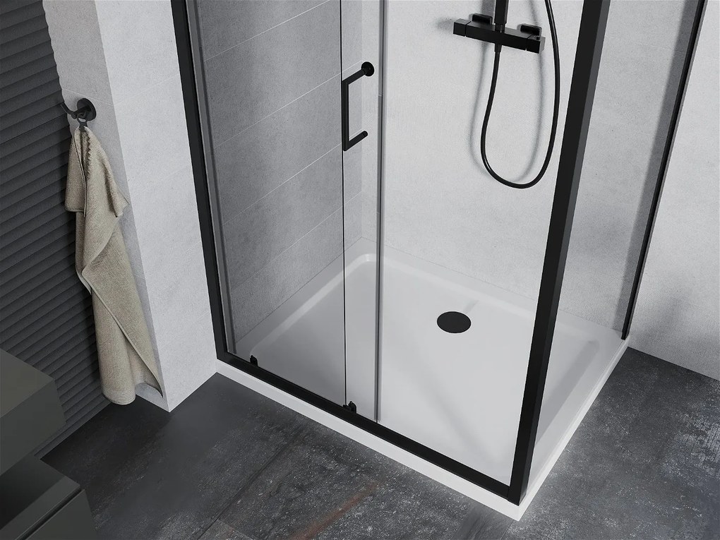 Mexen APIA, sprchový kút s posuvnými dverami 130 (dvere) x 70 (stena) cm, 5mm číre sklo, čierny profil + biela sprchová vanička, 840-130-070-70-00-4010B