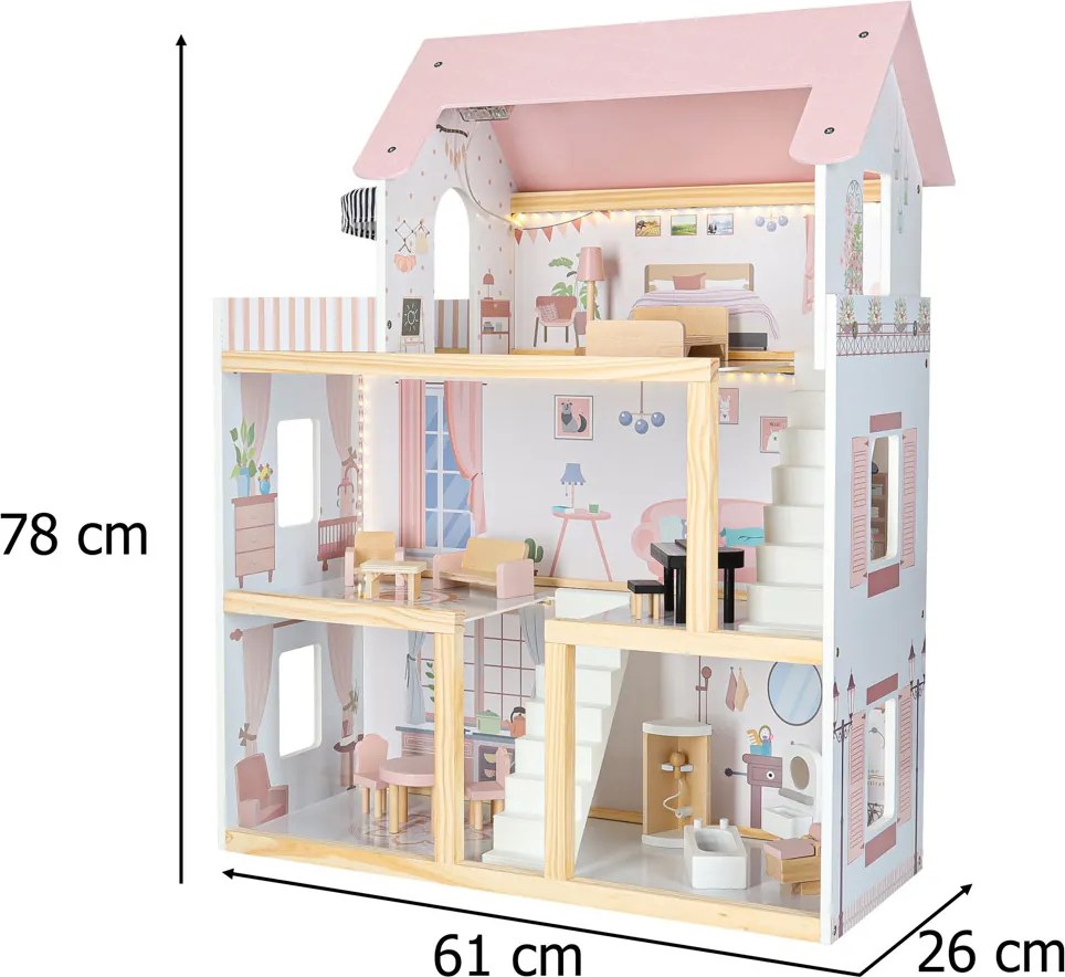 KIK Trojposchodový drevený domček pre bábiky 78 cm, ružový s LED osvetlením a nábytkom