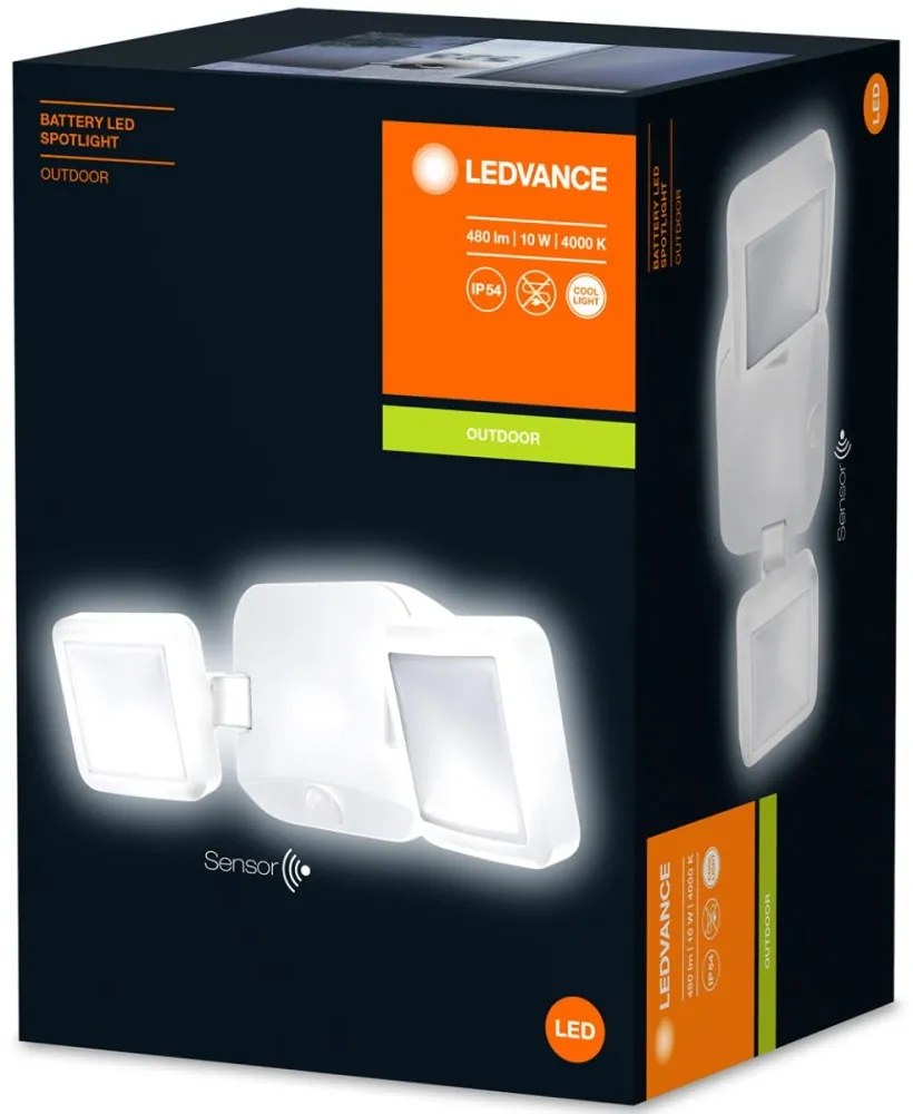 LED reflektor 10W 480lm 4000K IP54 biely s detektorom pohybu LEDVANCE SPOTLIGHT batériový Twin