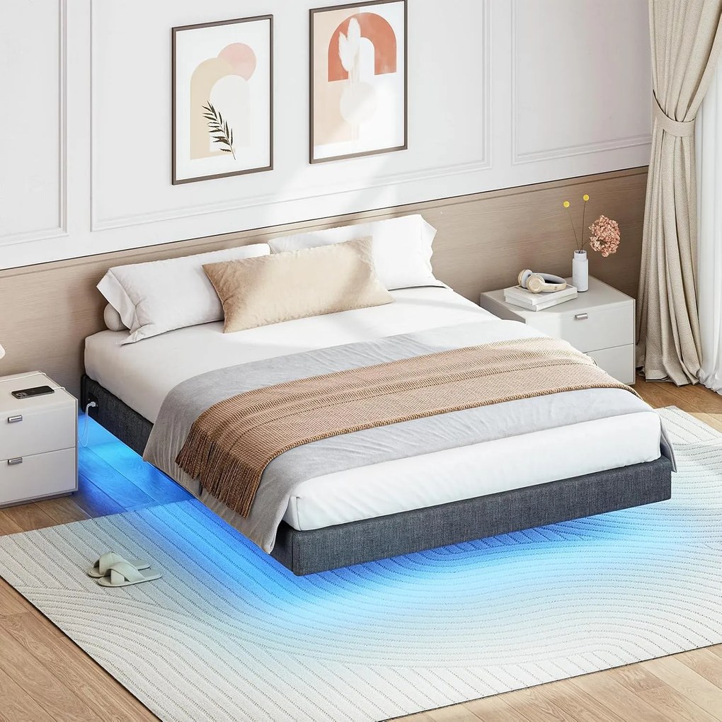 Dvoulůžková postel Timaro 160x200 s nabíjecí stanicí a LED osvětlením šedá