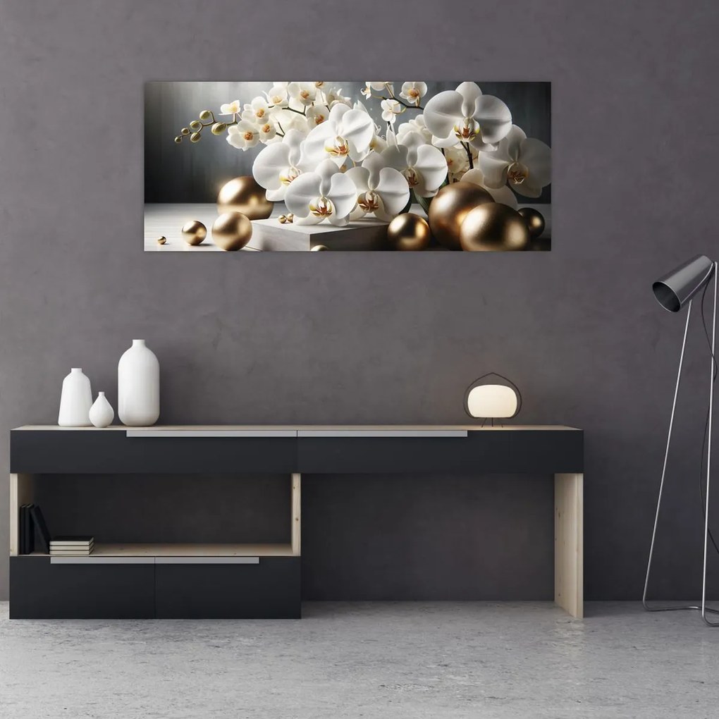 Obraz - Orchidea a zlaté gule (120x50 cm)