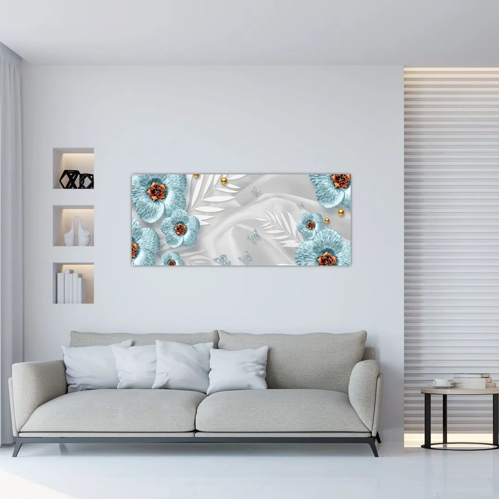 Obraz - 3D modré kvety (120x50 cm)