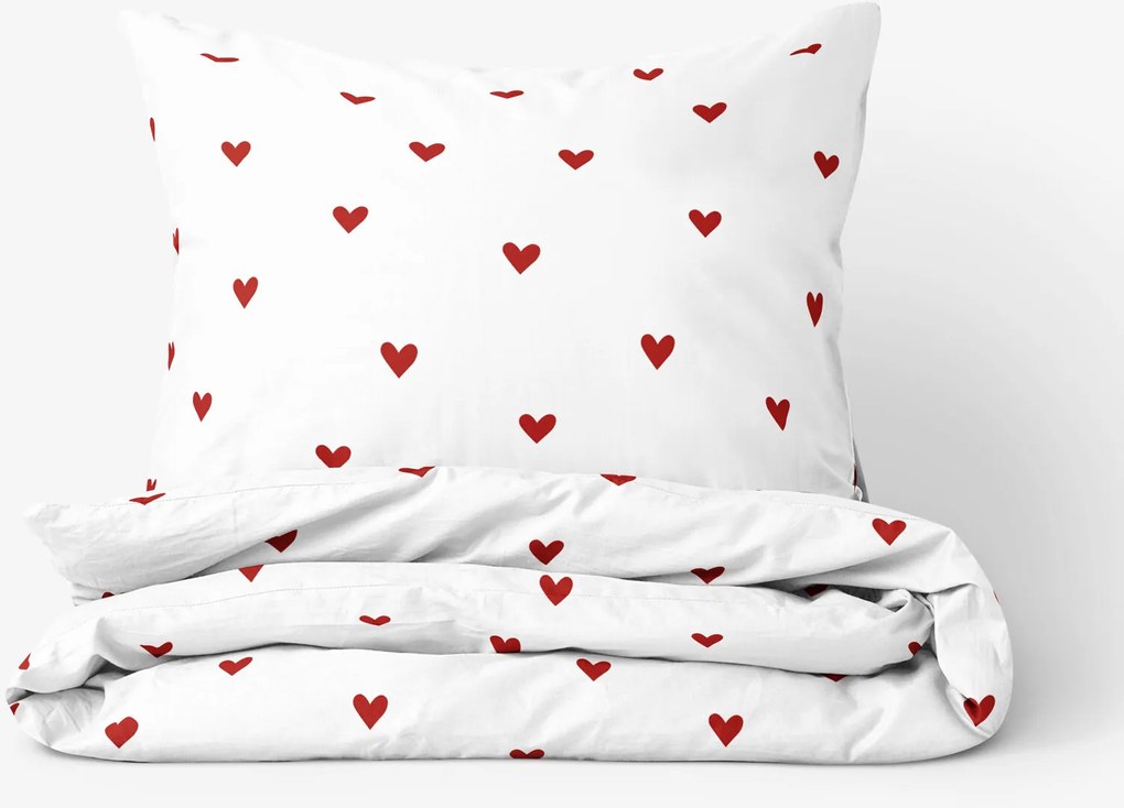 Goldea bavlnené posteľné obliečky - červené srdiečka na bielom 150 x 200 a 50 x 60 cm
