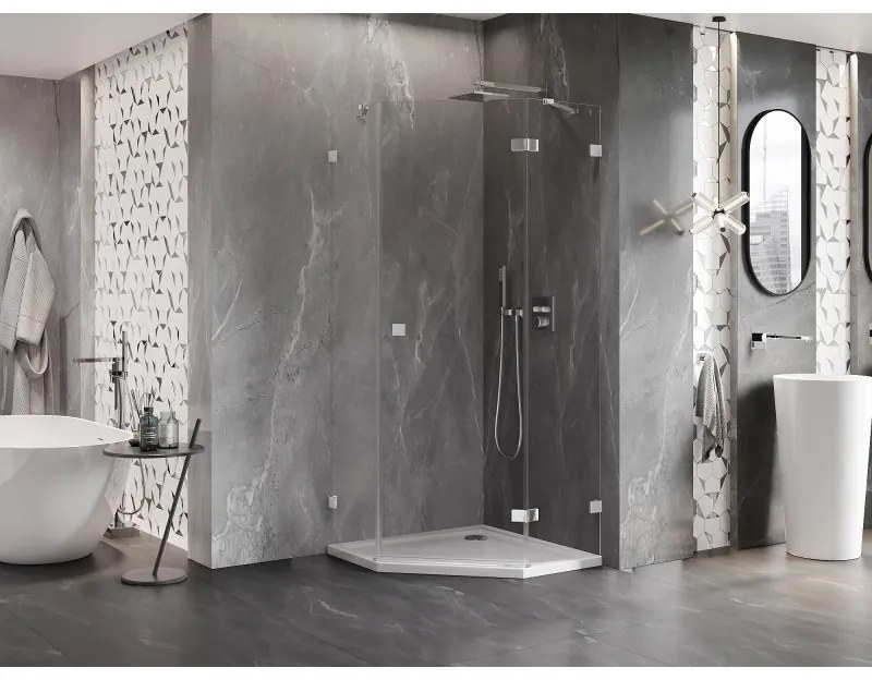 Mexen Lunar, výklopný päťuholníkový sprchový kút pravý 90 x 90 cm, 8mm číre sklo, chrómový profil, 831-090P-090L-01-00-P