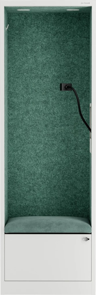 Kancelárska akustická kabína so sedadlom a portom USB-C, telo v Biely farbe / sedadlo v zelenej farbe, 600 mm: SALLY MentalBox