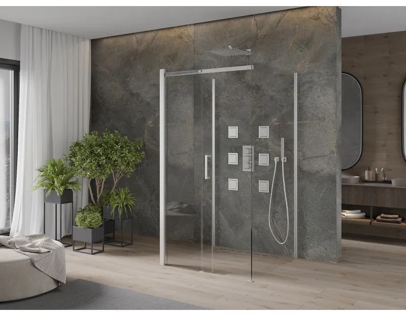 Mexen Omega, 3-stenný sprchovací kút s posuvnými dverami 100 (dvere) x 100 (stena) cm, 8mm číre sklo, chrómový profil, 825-100-100-01-00-3S