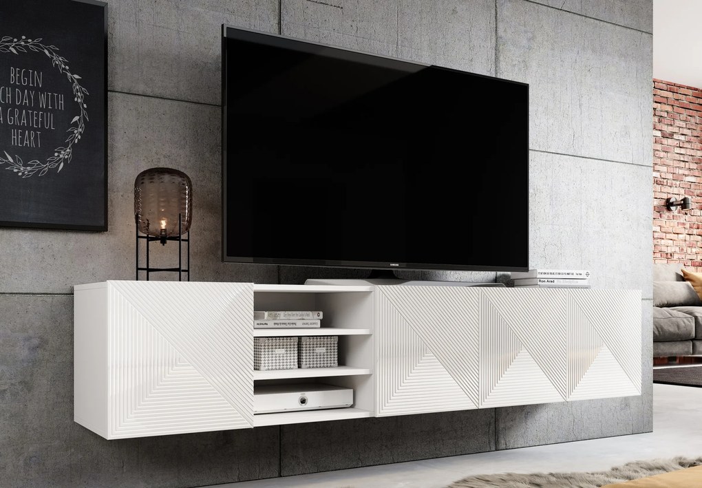 Závesný TV stolík Asha 200 cm s 3 otvorenými policami - biely mat