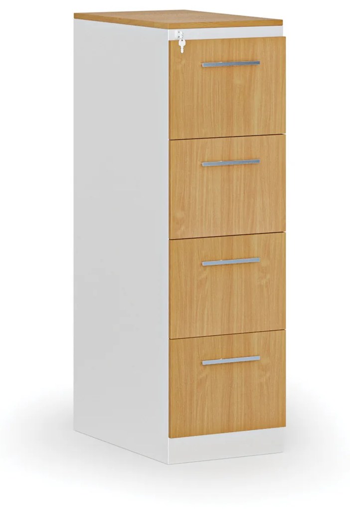 Kovová zásuvková kartotéka PRIMO s drevenými čelami A4, 4 zásuvky, biela/buk