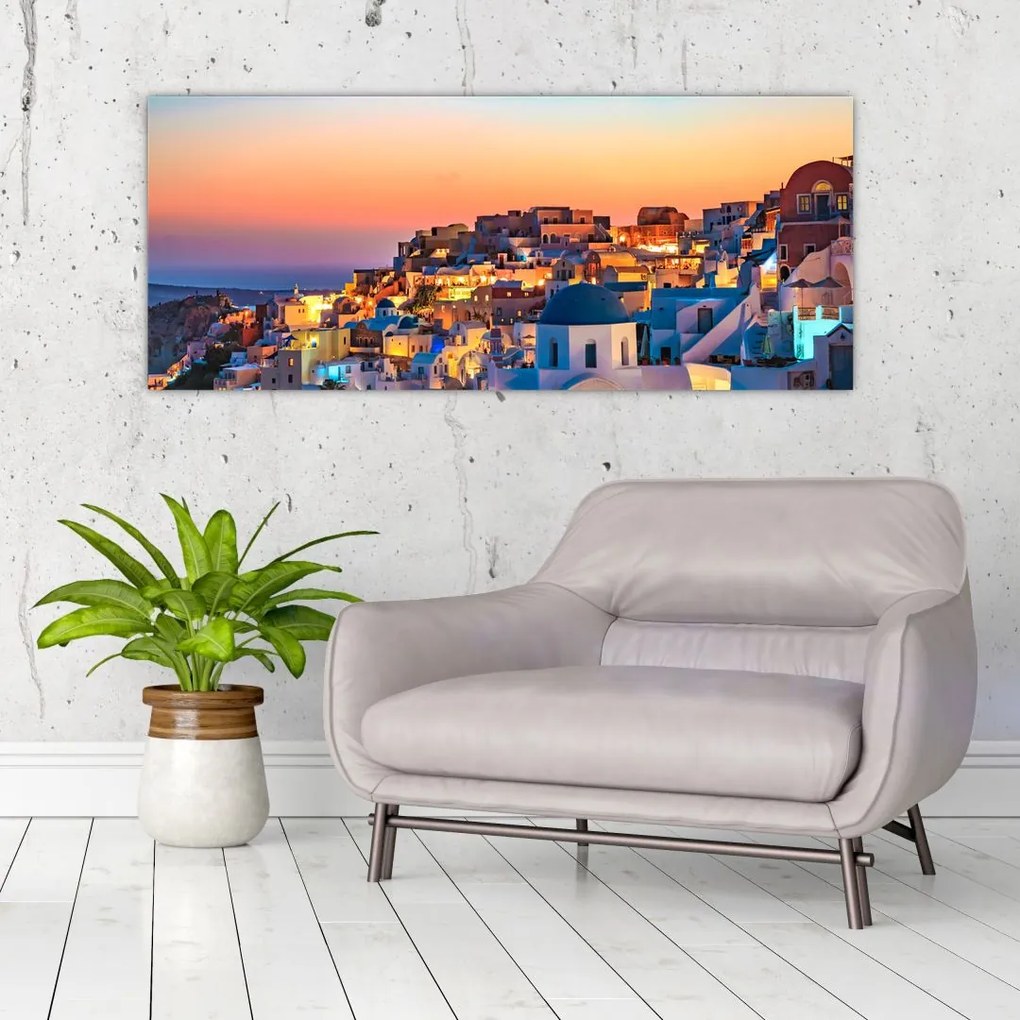 Obraz - Santorini pri zotmení (120x50 cm)