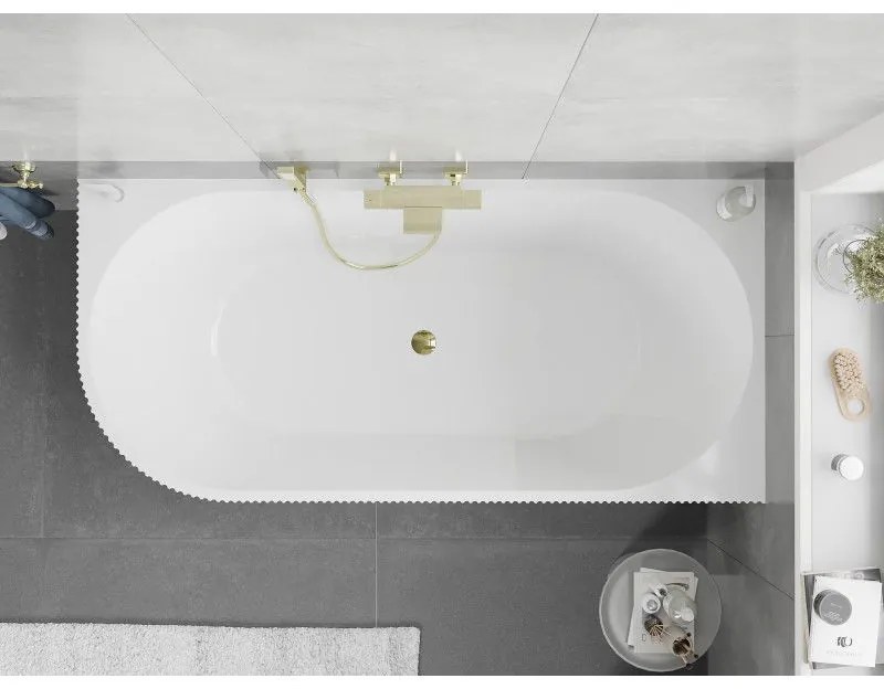 Mexen Silo, rohová voľne stojaca ryhovaná vaňa, pravá, 150 x 75 cm, biela-čierna, zlatý lesklý prepad, 52891507575P-50