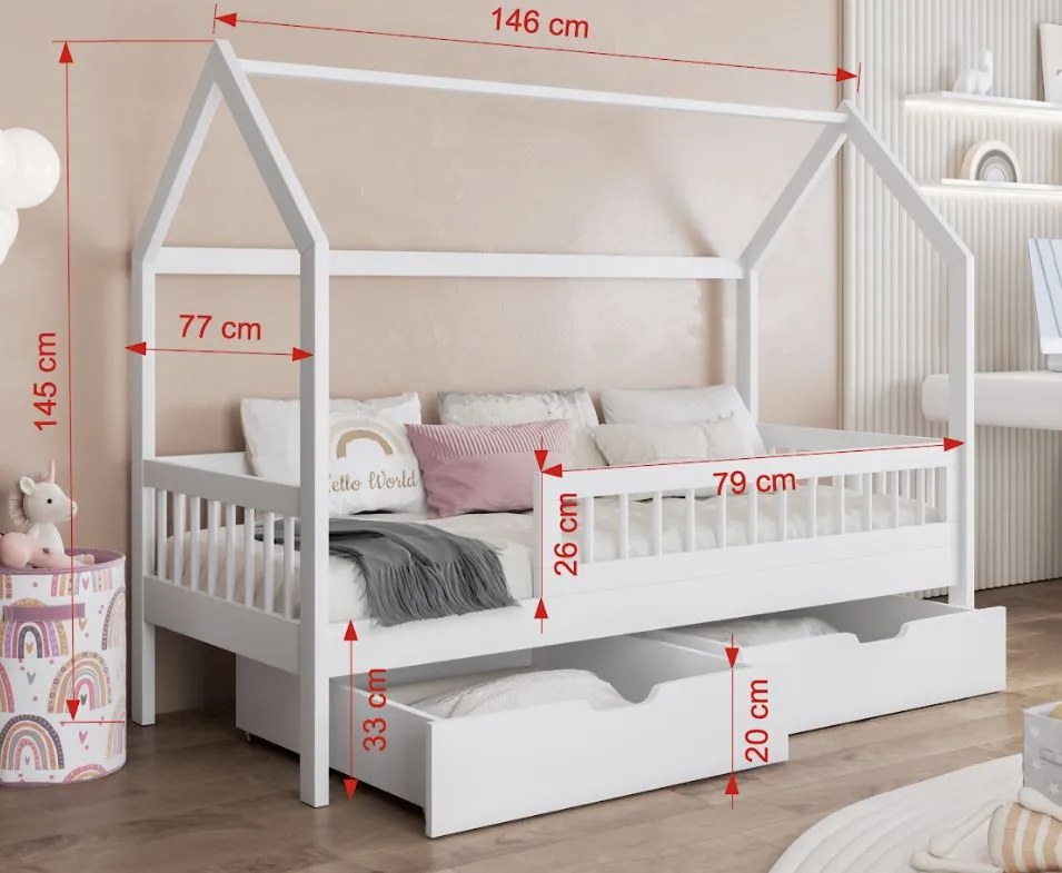 Detská domčeková posteľ z masívu borovice GAJA so šuplíkmi - 140x70 cm - šedá