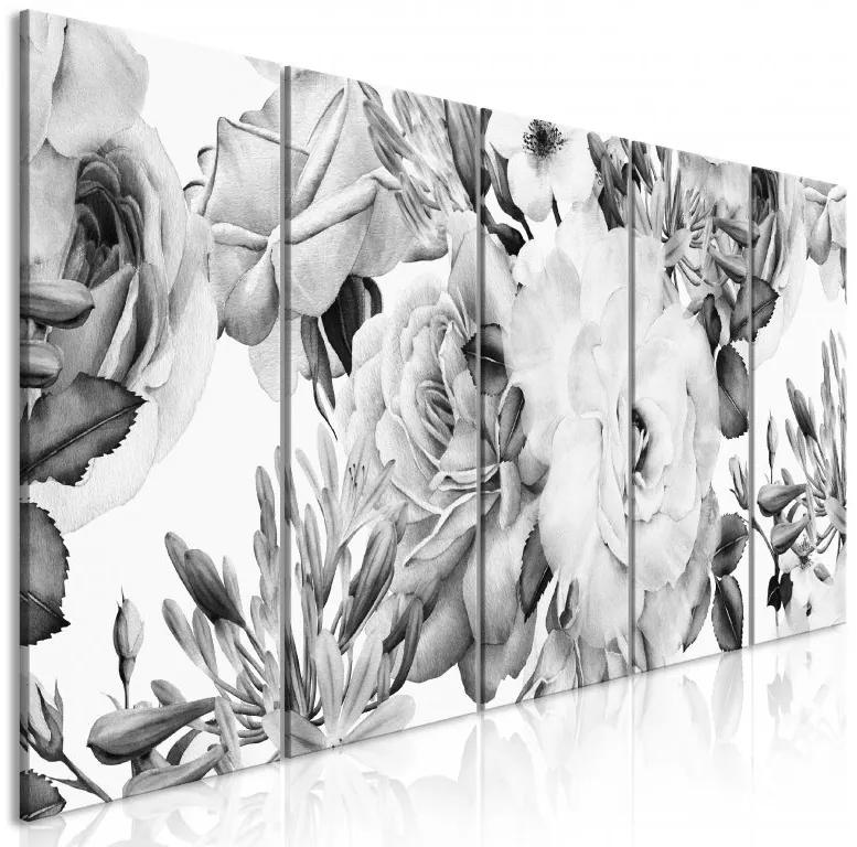 Artgeist Obraz - Rose Composition (5 Parts) Narrow Black and White Veľkosť: 225x90, Verzia: Premium Print