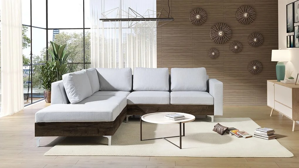 Rohová pohovka Hermes Wood, Farby: ekokoža Soft 011 (čierna), Farby nožičiek: dub artisan, Strana: ľavá
