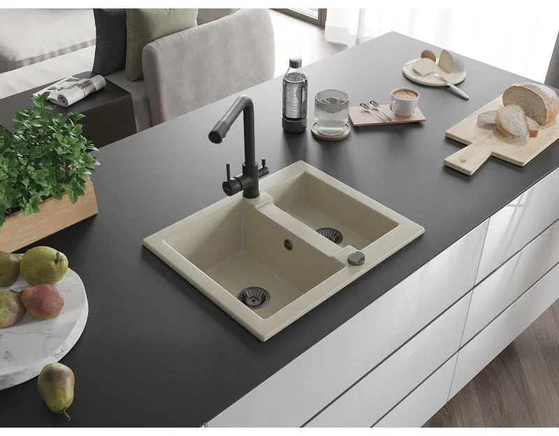 Mexen Carlos, 1,5-komorový granitový drez 582x475x177 mm a drezová batéria Duero, béžová, 6518-69-671600-70