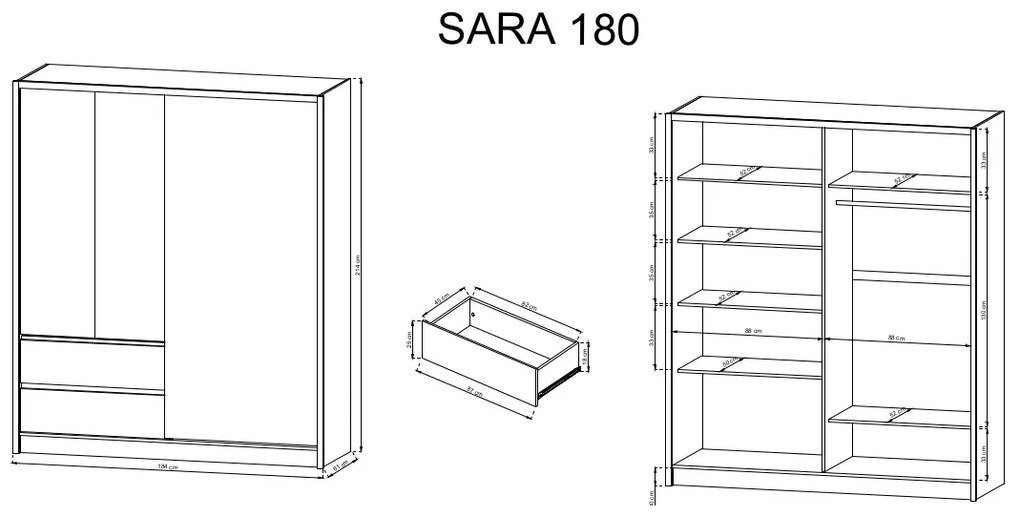 Šatní skříň Sara III 184 cm bílá/dub sonoma