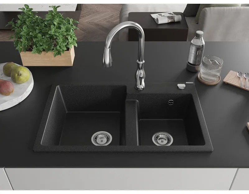Mexen Tomas, granitový drez 800x500x190 mm, 2-komorový a drezová batéria Savita, čierna-strieborná metalíza, 6516-73-672601-00