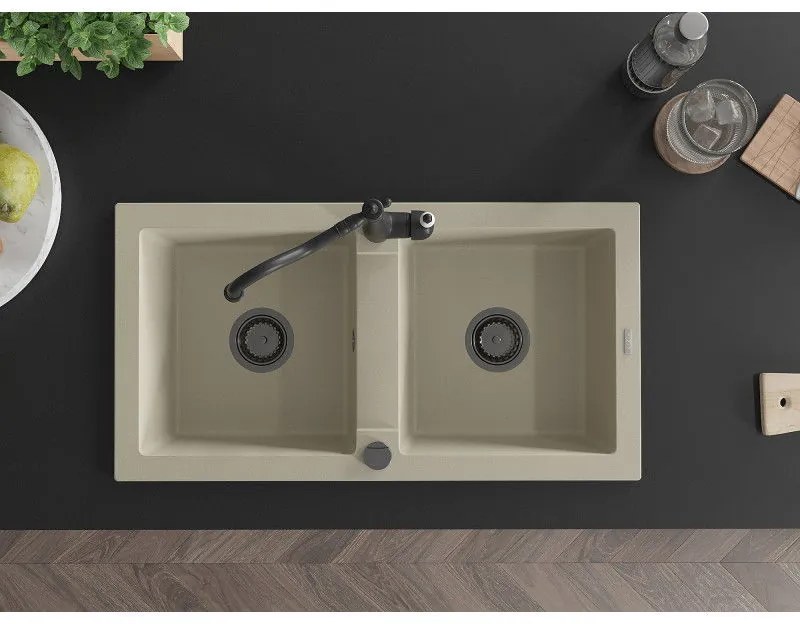 Mexen Mario, granitový drez 820x436x161 mm, 2-komorový a drezová batéria Carla, béžová, 6504-69-670700-70