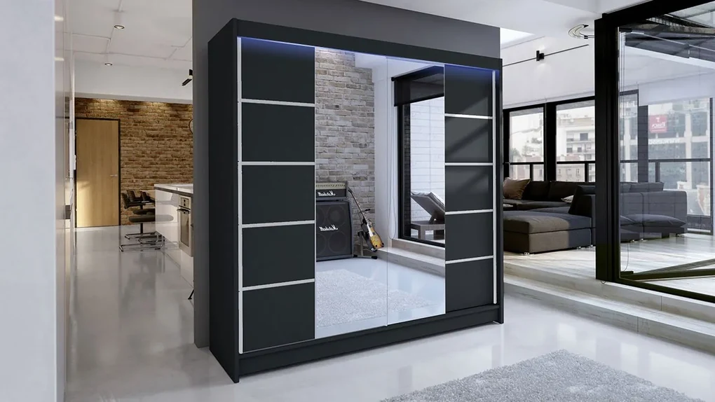 Posuvná skriňa Bar V, Farby: čierny / dub artisan, Osvetlenie: osvetlenie LED RGB - farebné