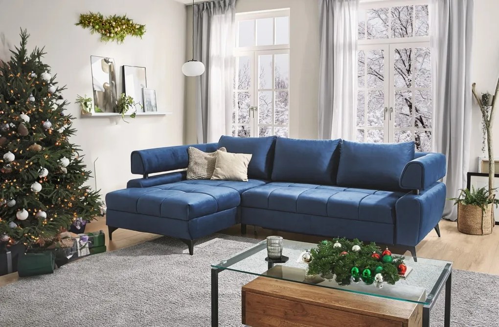 Rohová sedacia súprava Paris, modrá látka, ľavý roh