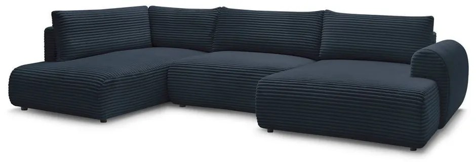 Tmavomodrá menčestrová rozkladacia/s úložným priestorom rohová pohovka (ľavý roh/do tvaru "U") Lucien – Bobochic Paris